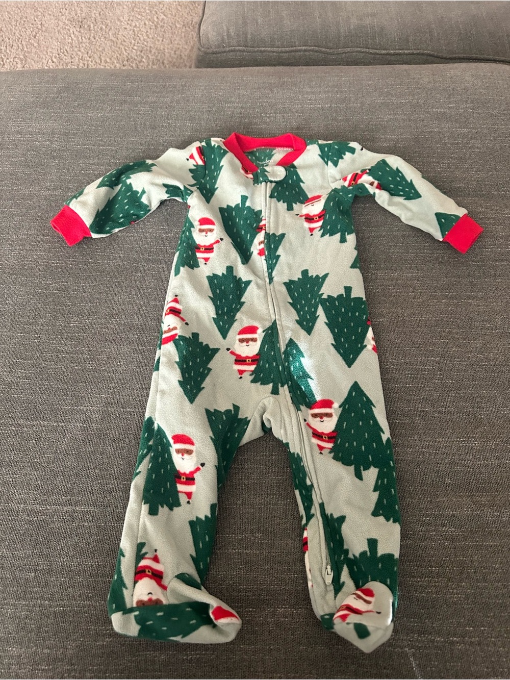 Kids Holiday Santa & Tree Footed One-Piece Pajamas - Green/Red